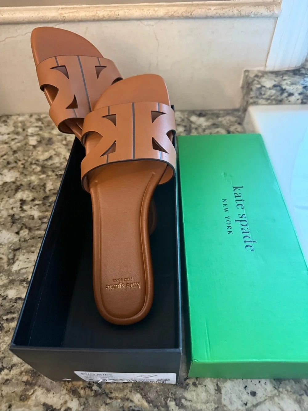 kate spade duo smooth leather tan slide sandals